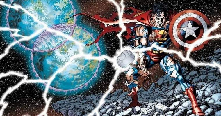 Crossover Marvel e DC - Superman com o escudo do Capitão América e Mjolnir